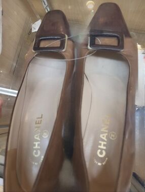 CHANEL Brown Leather Square-Buckle Low Heel Pumps